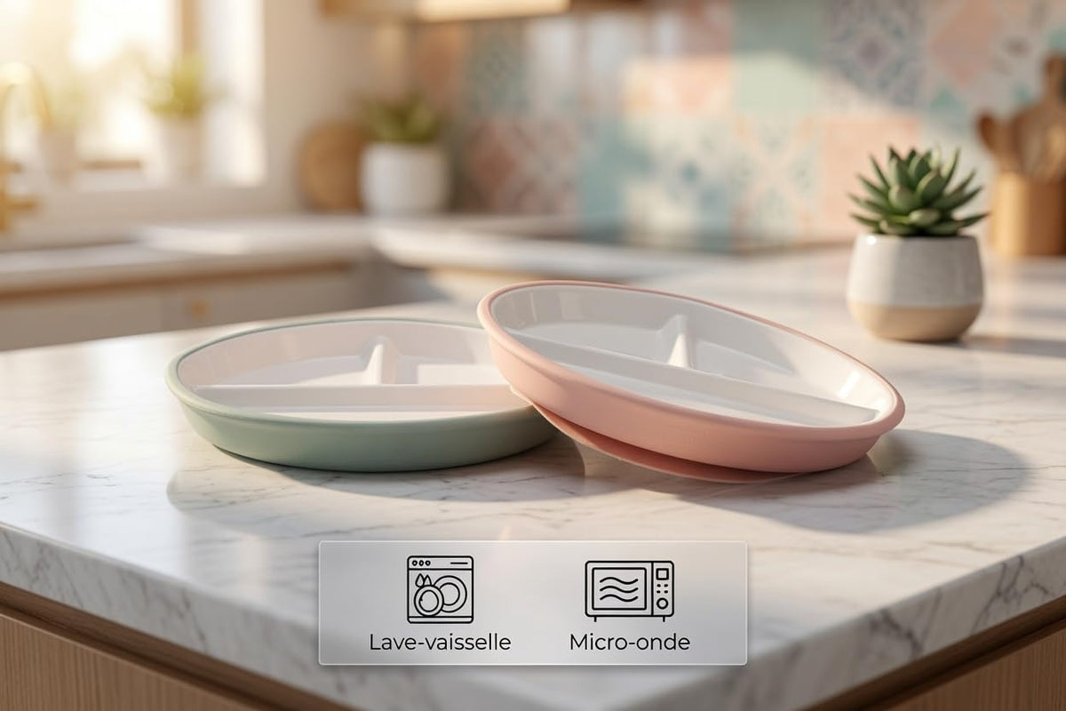 Enzadri Assiette en Silicone à Ventouse avec Plaque en Porcelaine Pour bébé, Tout-Petit, 100% alimentaire, compartiments séparés, sans BPA. Idéale Pour le début de Diversification des repas, Rose