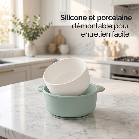Enzadri Bol en Silicone à Ventouse avec Plaque en Porcelaine Pour bébé, Tout-Petit, 100% alimentaire, sans BPA. Idéale Pour le début de la Diversification des repas, Vert Sauge