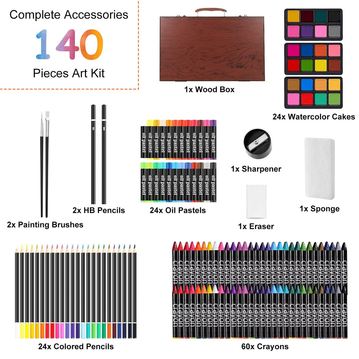 Full contents of the 140-piece art kit