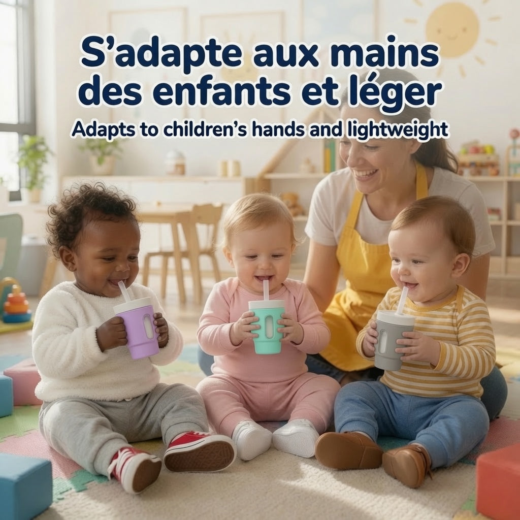 ENZADRI - Mon Premier Gobelet, Gobelet à Bec en Silicone avec Paille et Poignée, Gobelet Anti Déversement pour Bébé en Déplacement et enfants, Biberon de Transition Sans BPA, sans phtalates ni PVC