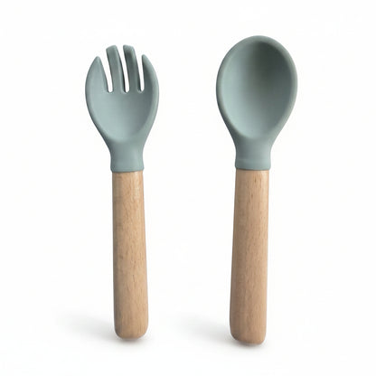 Enzadri Ensemble de cuillère et fourchette pour bébé de 6 mois et plus, Ustensiles d'auto-alimentation en silicone sans BPA, Fournitures pour sevrage dirigé par le bébé, Bleu morose