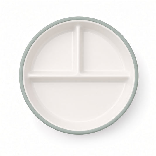 Assiette à Ventouse en Silicone 100% alimentaire avec Plaque en Porcelaine Pour bébés et Tout-Petits, compartiments séparés, sans BPA, Vert Sauge