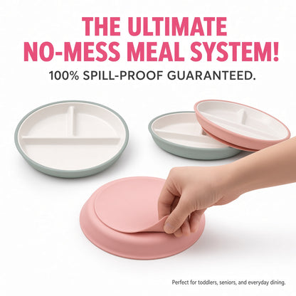 Assiette à Ventouse en Silicone 100% alimentaire avec Plaque en Porcelaine Pour bébés et Tout-Petits, compartiments séparés, sans BPA, Vert Sauge
