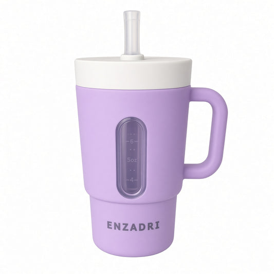 Enzadri Mon 1er Gobelet Bébé, Tasse à Bec en Silicone avec Paille et Poignées, Anti-Fuite Pour Déplacements, Tasse de Transition Sans BPA, Lilas