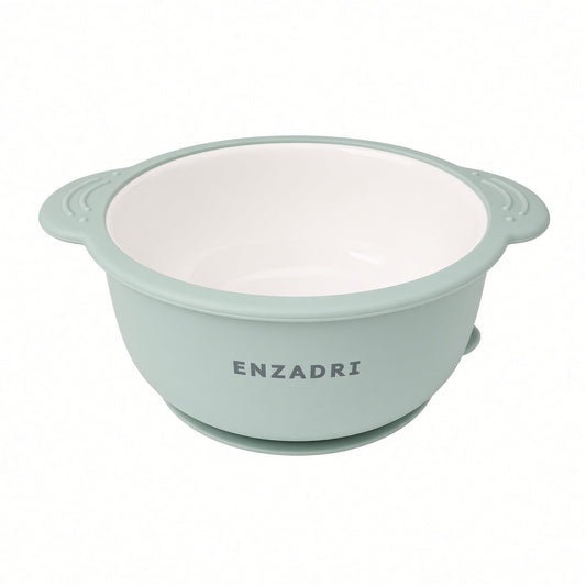 Enzadri Bol en Silicone à Ventouse avec Plaque en Porcelaine Pour bébé, Tout-Petit, 100% alimentaire, sans BPA. Idéale Pour le début de la Diversification des repas, Vert Sauge