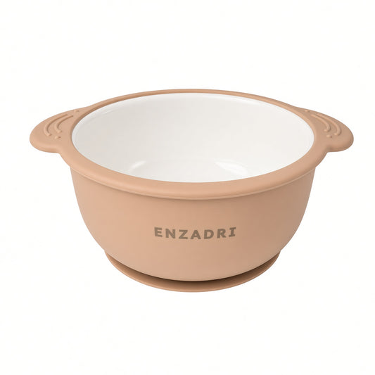 Enzadri Bol en Silicone à Ventouse avec Plaque en Porcelaine Pour bébé, Tout-Petit, 100% alimentaire, sans BPA. Idéale Pour le début de la Diversification des repas, Caramel