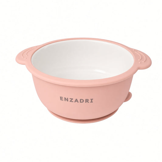 Enzadri Bol en Silicone à Ventouse avec Plaque en Porcelaine Pour bébé, Tout-Petit, 100% alimentaire, sans BPA. Idéale Pour le début de la Diversification des repas, Rose