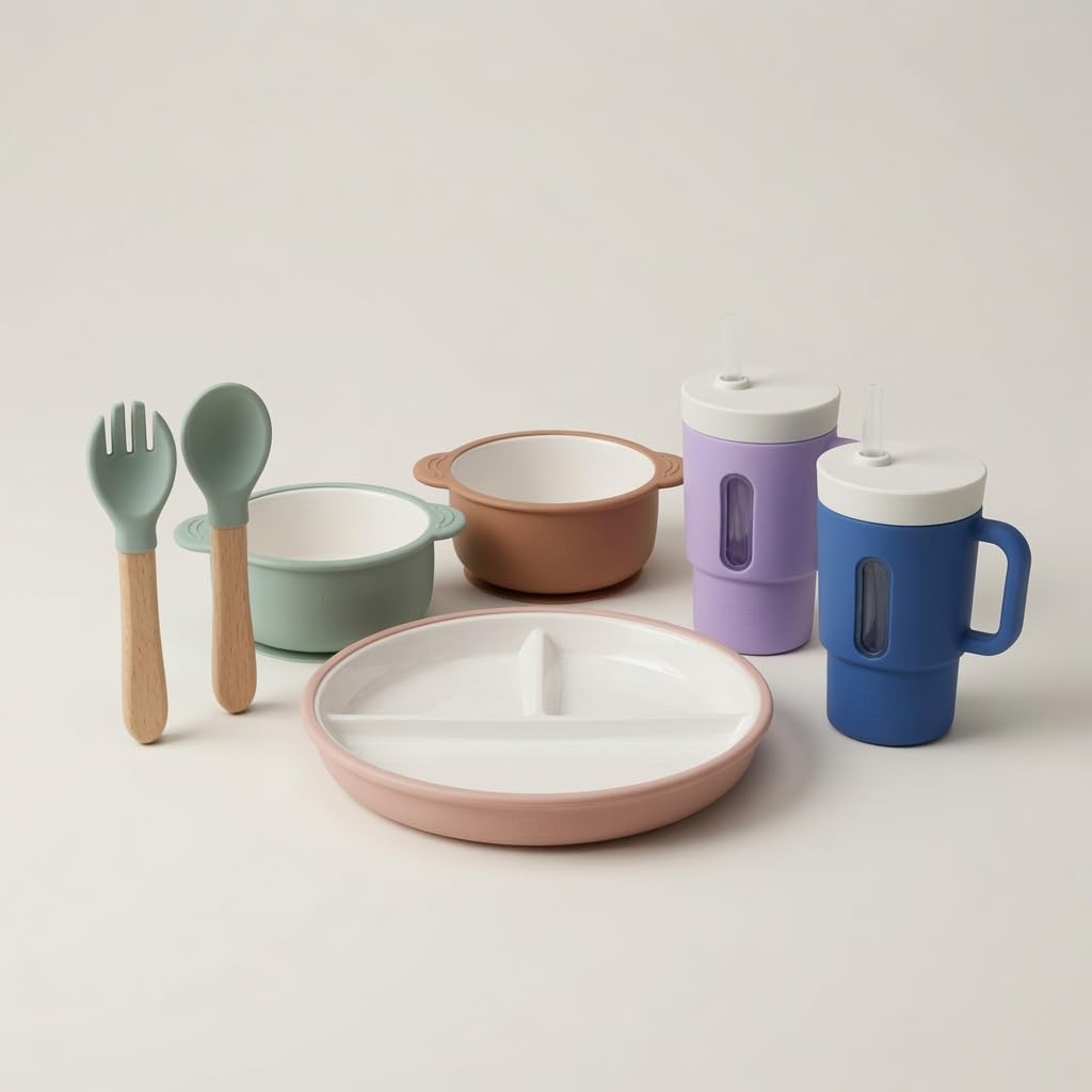 Enzadri Bol en Silicone à Ventouse avec Plaque en Porcelaine Pour bébé, Tout-Petit, 100% alimentaire, sans BPA. Idéale Pour le début de la Diversification des repas, Caramel