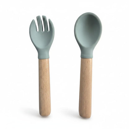 Enzadri Lot de cuillère et Fourchette Pour bébé de 6 Mois et Plus, Ustensiles d'auto-Alimentation en Silicone sans BPA, Fournitures Pour sevrage dirigé par le bébé, Vert Sauge