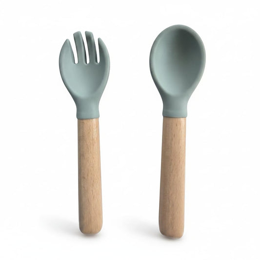 Enzadri Lot de cuillère et Fourchette Pour bébé de 6 Mois et Plus, Ustensiles d'auto-Alimentation en Silicone sans BPA, Fournitures Pour sevrage dirigé par le bébé, Vert Sauge