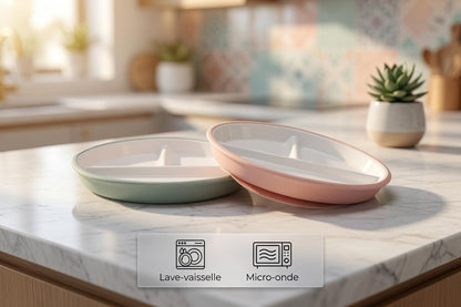 Enzadri Assiette en Silicone à Ventouse avec Plaque en Porcelaine Pour bébé, Tout-Petit, 100% alimentaire, compartiments séparés, sans BPA. Idéale Pour le début de Diversification des repas, Rose