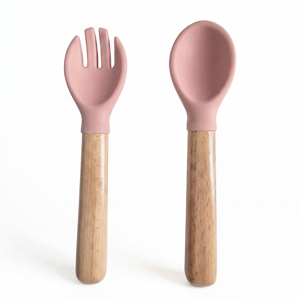 Enzadri Lot de cuillère et Fourchette Pour bébé de 6 Mois et Plus, Ustensiles d'auto-Alimentation en Silicone sans BPA, Fournitures Pour sevrage dirigé par le bébé, Rose