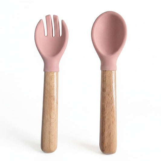 Enzadri Lot de cuillère et Fourchette Pour bébé de 6 Mois et Plus, Ustensiles d'auto-Alimentation en Silicone sans BPA, Fournitures Pour sevrage dirigé par le bébé, Rose