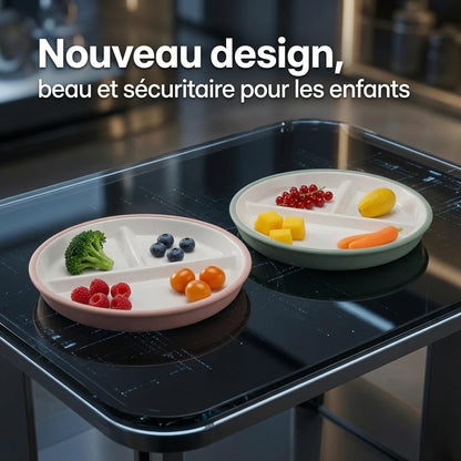 Enzadri Assiette en Silicone à Ventouse avec Plaque en Porcelaine Pour bébé, Tout-Petit, 100% alimentaire, compartiments séparés, sans BPA. Idéale Pour le début de Diversification des repas, Rose
