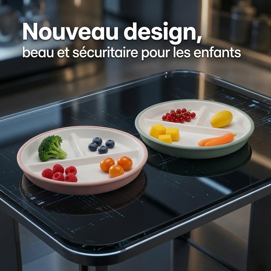 Assiette à Ventouse en Silicone 100% alimentaire avec Plaque en Porcelaine Pour bébés et Tout-Petits, compartiments séparés, sans BPA, Vert Sauge