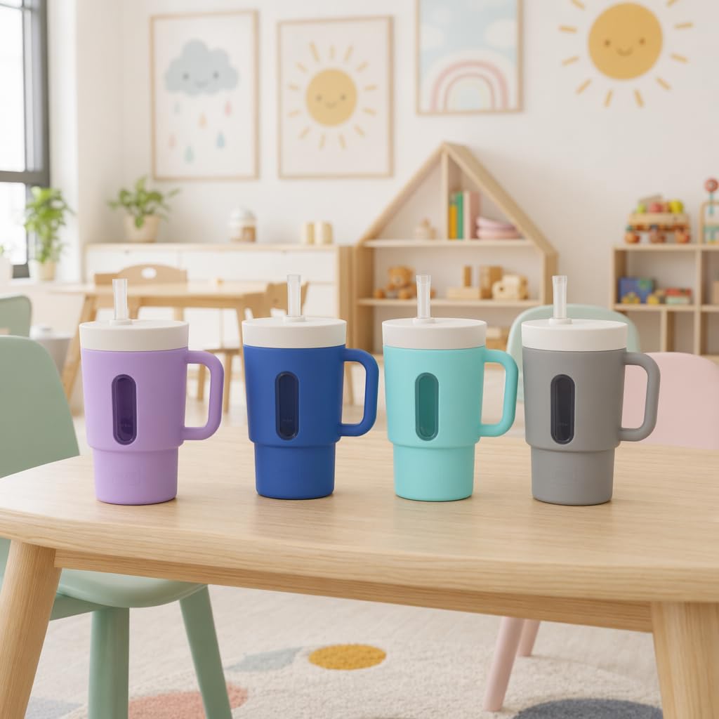 Enzadri Mon 1er Gobelet Bébé, Tasse à Bec en Silicone avec Paille et Poignées, Anti-Fuite Pour Déplacements, Anti Déversement, Tasse de Transition, Sans BPA, sans phtalates ni PVC, Bleu Royal