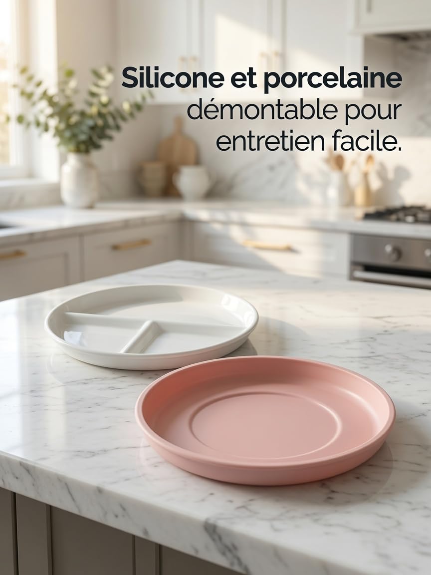 Assiette à Ventouse en Silicone 100% alimentaire avec Plaque en Porcelaine Pour bébés et Tout-Petits, compartiments séparés, sans BPA, Vert Sauge