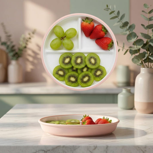 Enzadri Assiette en Silicone à Ventouse avec Plaque en Porcelaine Pour bébé, Tout-Petit, 100% alimentaire, compartiments séparés, sans BPA. Idéale Pour le début de Diversification des repas, Rose