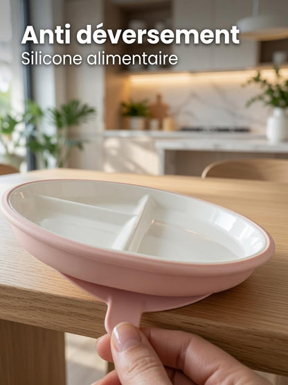 Enzadri Assiette en Silicone à Ventouse avec Plaque en Porcelaine Pour bébé, Tout-Petit, 100% alimentaire, compartiments séparés, sans BPA. Idéale Pour le début de Diversification des repas, Rose