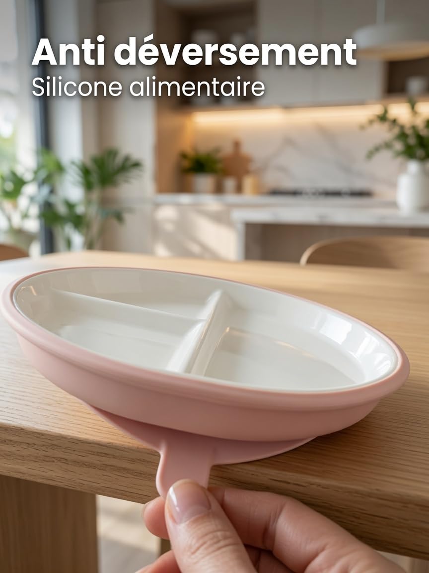 Assiette à Ventouse en Silicone 100% alimentaire avec Plaque en Porcelaine Pour bébés et Tout-Petits, compartiments séparés, sans BPA, Vert Sauge