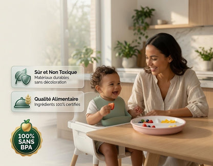 Assiette à Ventouse en Silicone 100% alimentaire avec Plaque en Porcelaine Pour bébés et Tout-Petits, compartiments séparés, sans BPA, Vert Sauge