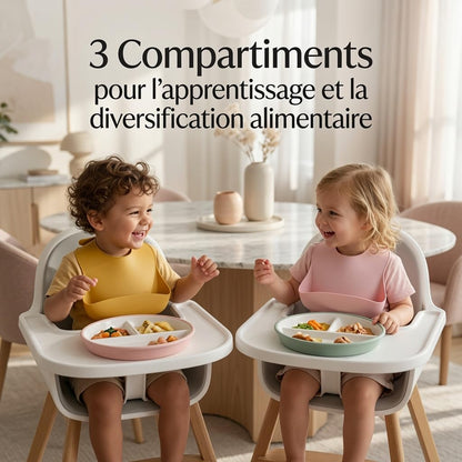 Enzadri Assiette en Silicone à Ventouse avec Plaque en Porcelaine Pour bébé, Tout-Petit, 100% alimentaire, compartiments séparés, sans BPA. Idéale Pour le début de Diversification des repas, Rose