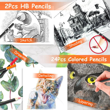 2 HB pencils and 24 colored pencils for sketching and coloring