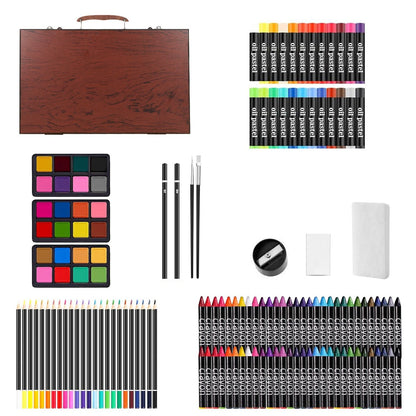 Wooden case and all 140 art supplies laid out
