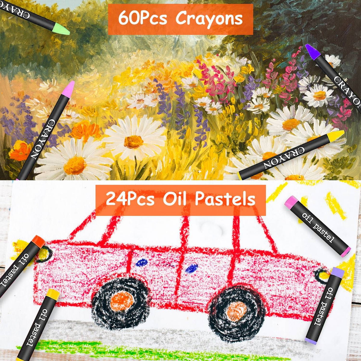 60 crayons and 24 oil pastels included in the art set