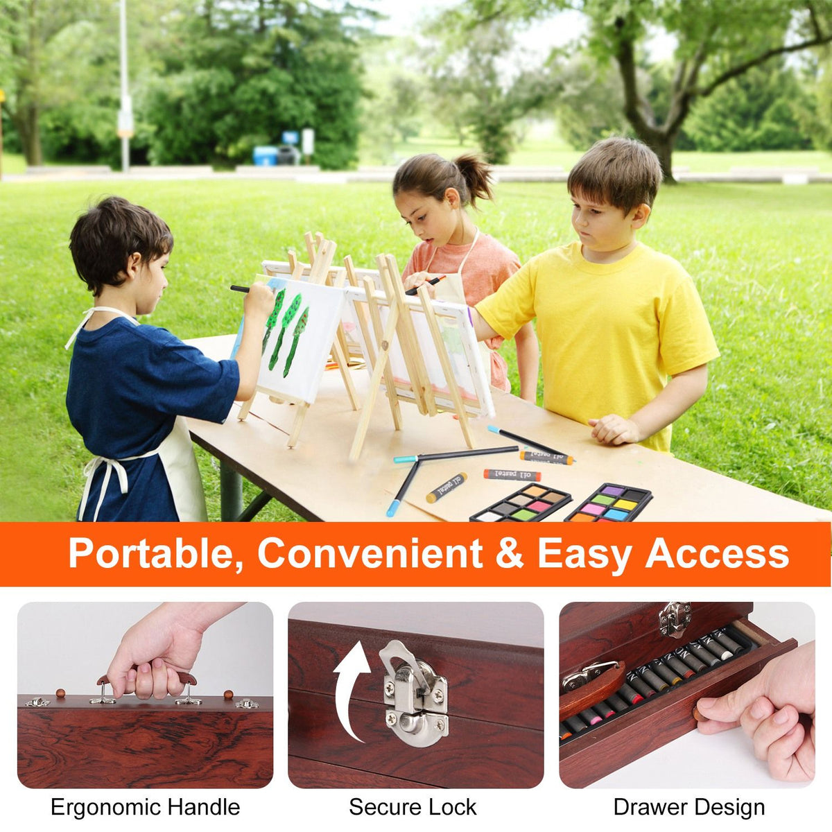 Portable wooden art case with handle, lock and drawer