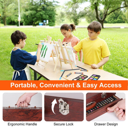 Portable wooden art case with handle, lock and drawer