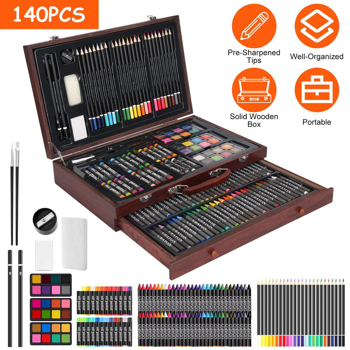 140-piece wooden art set open with colored pencils, oil pastels, crayons and watercolors