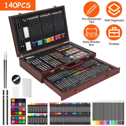 140-piece wooden art set open with colored pencils, oil pastels, crayons and watercolors