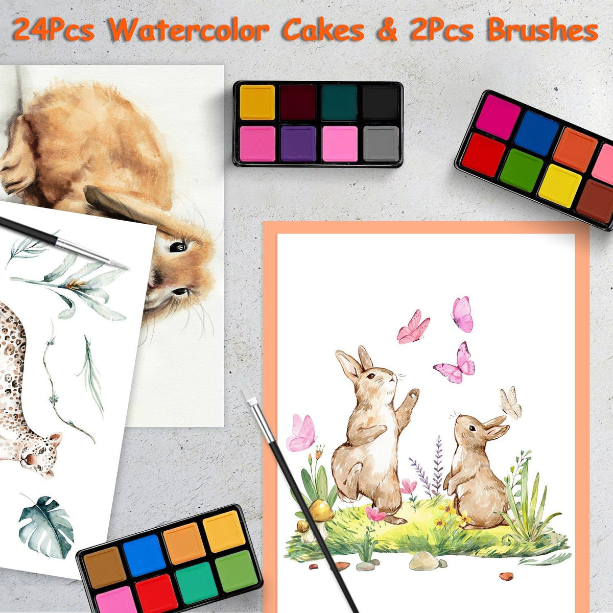 24 watercolor cakes and 2 paint brushes