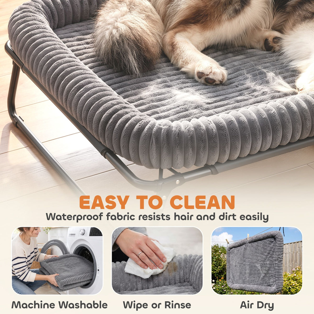 Large elevated outdoor dog bed, gray, with removable padded cushion and folding steel frame