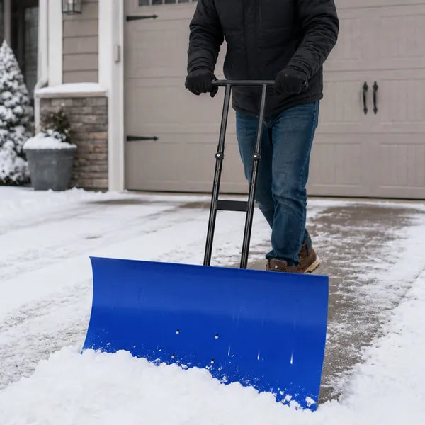 Manual Snow Pusher Cart 36x18in with H-Handle, Blue Iron Blade, Black Handle, Blue Wheels, Snow Plow Cart