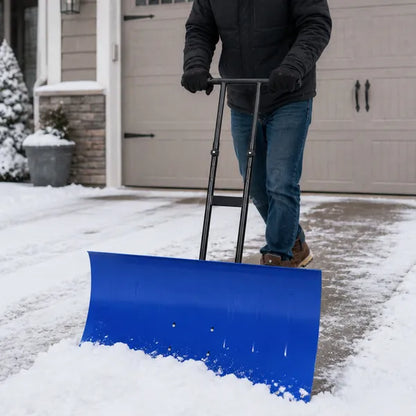 Manual Snow Pusher Cart 36x18in with H-Handle, Blue Iron Blade, Black Handle, Blue Wheels, Snow Plow Cart