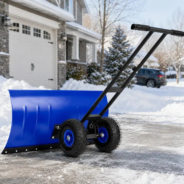 Manual Snow Pusher Cart 36x18in with H-Handle, Blue Iron Blade, Black Handle, Blue Wheels, Snow Plow Cart