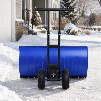 Manual Snow Pusher Cart 36x18in with H-Handle, Blue Iron Blade, Black Handle, Blue Wheels, Snow Plow Cart