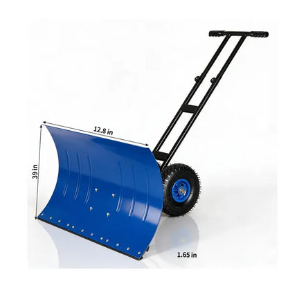 Manual Snow Pusher Cart 36x18in with H-Handle, Blue Iron Blade, Black Handle, Blue Wheels, Snow Plow Cart